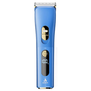 Blue hair trimmer with digital display on a white background