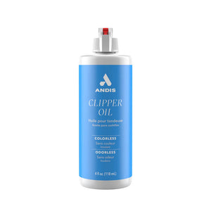 Andis clipper oil bottle with blue label on a white background