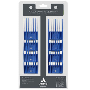 Andis 8-piece comb attachment set in packaging on a white background