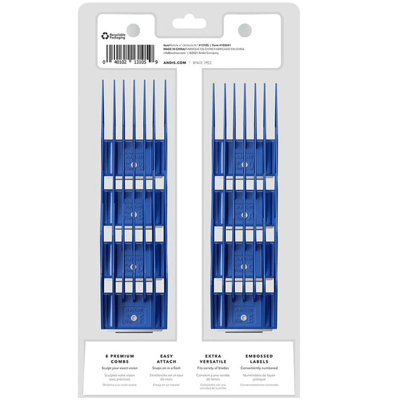 Two packages of blue premium pocket protectors with labels on a white background