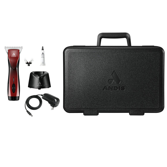 Andis grooming kit with hair clipper, case, and accessories on a white background