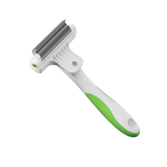 Pet grooming brush with green handle on a white background