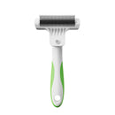 Pet grooming brush with green handle on a white background