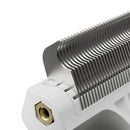Close-up of a hair dryer nozzle with metallic finish and gold-colored fitting on a white background