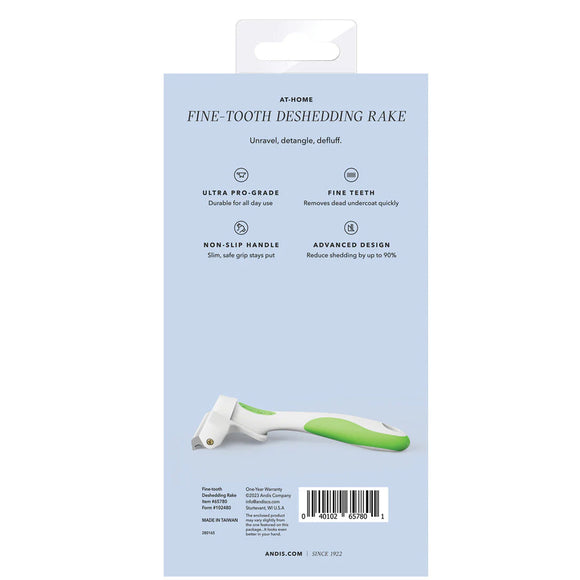 Package of a fine-tooth deshedding rake with product details on a light blue background