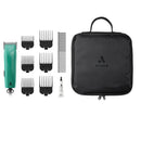 Andis hair cutting kit with green clipper, black attachments, and black carrying case on a white background
