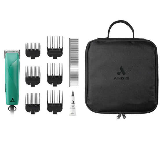 Andis hair cutting kit with green clipper, black attachments, and black carrying case on a white background