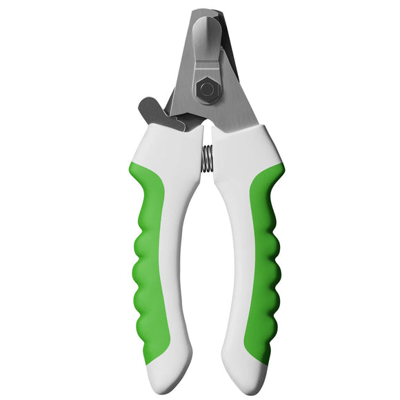 Pair of white and green nail clippers on a white background
