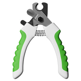 Pet nail clippers with green and white handles on a white background