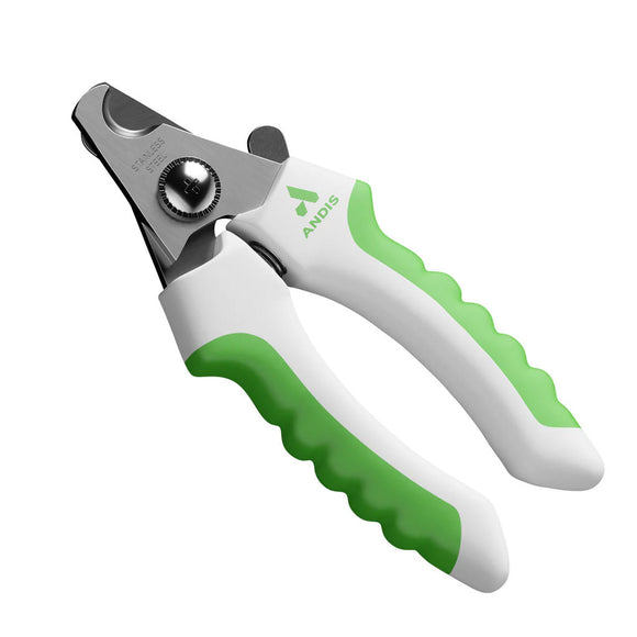 Dog nail clipper with green and white handles on a white background