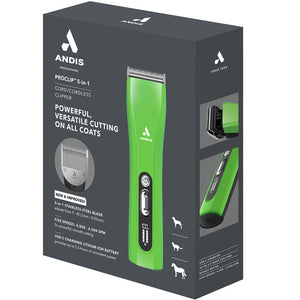 Andis Proclip 5-in-1 cord/cordless clipper packaging on a white background