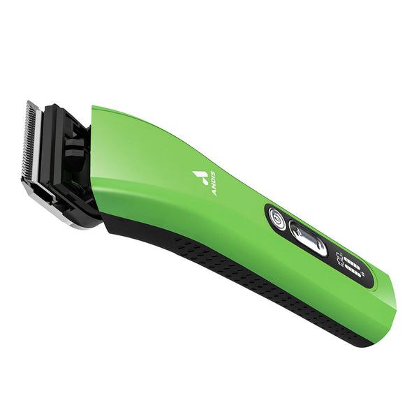 Green and black hair clipper on a white background