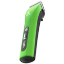 Green and black hair clipper on a white background