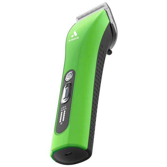 Green and black hair clipper on a white background
