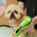 Person grooming a small dog with a green grooming tool.