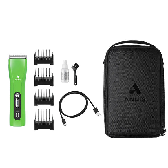 Andis hair trimmer set with attachments and travel case on a white background