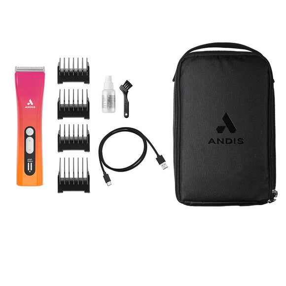 Andis grooming kit with hair trimmer, attachments, and travel case on a white background