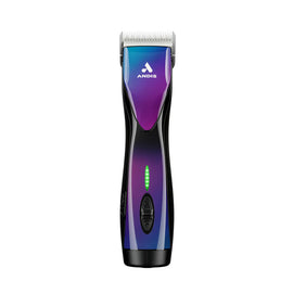 Andis hair clipper with purple and black design on a white background