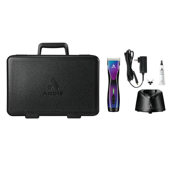 Andis grooming kit with case, trimmer, charger, and bottle on a white background