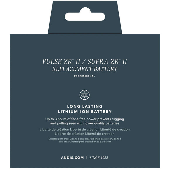 Packaging for Pulse ZR II/Supra ZR II replacement battery with Andis branding.