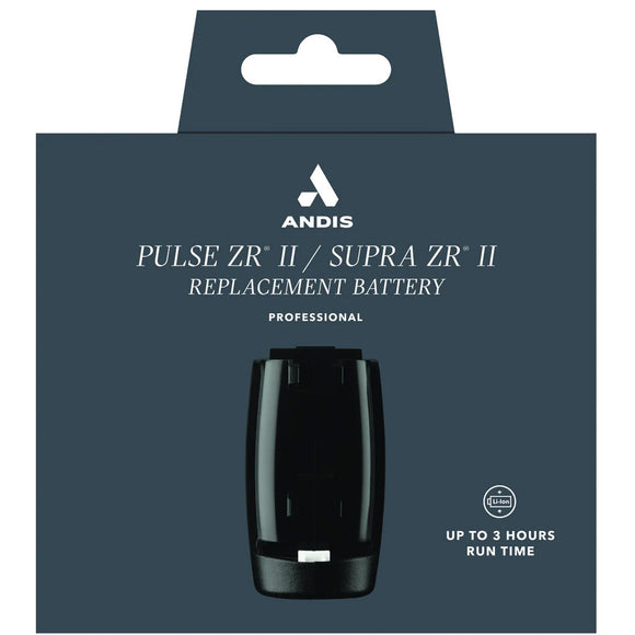 Andis replacement battery packaging for Pulse ZR II and Supra ZR II on a white background