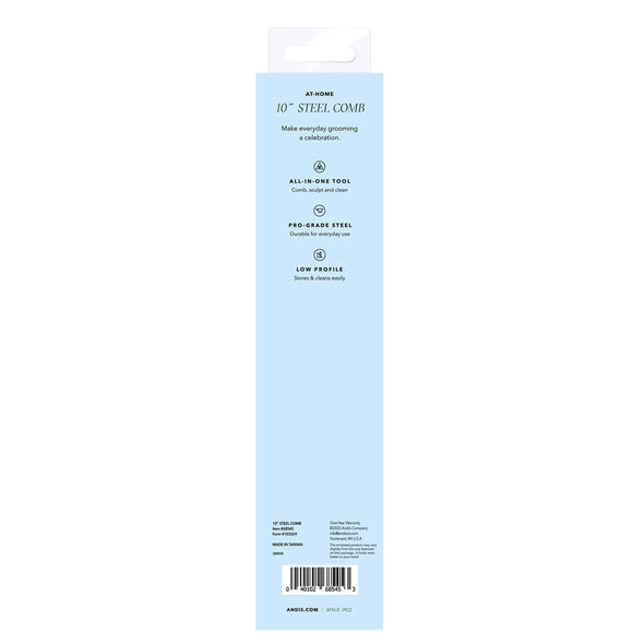 Package of a 10-inch steel comb on a light blue background