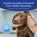 Dog being cleaned with a product for irritated ears, featuring aloe, chamomile, and marigold.