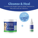Angels' Eyes ear care products for dogs on a white background with blue accents.