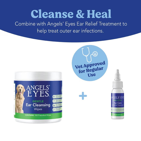 Angels' Eyes ear care products for dogs on a white background with blue accents.