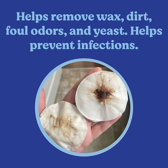 Two dirty cotton pads held in a hand with text about their benefits on a blue background.
