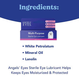 Angels' Eyes Multi-Purpose Sterile Eye Lubricant packaging with ingredients listed on a blue and white background.