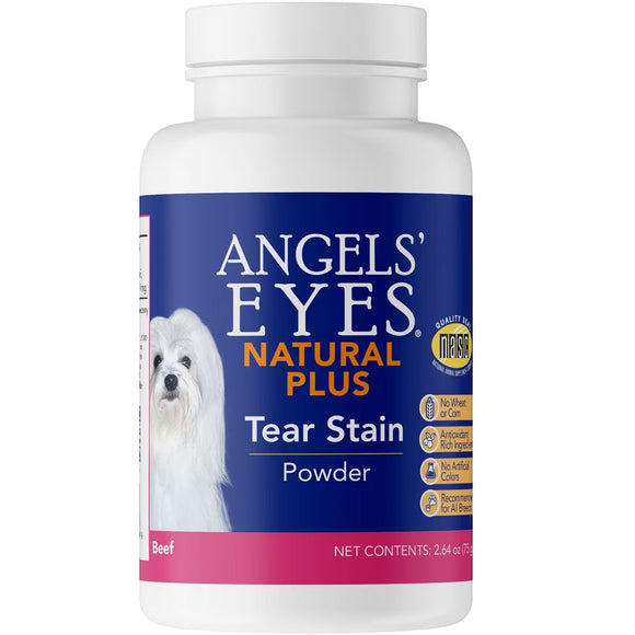 Angels' Eyes Natural Plus Tear Stain Powder for dogs on a white background