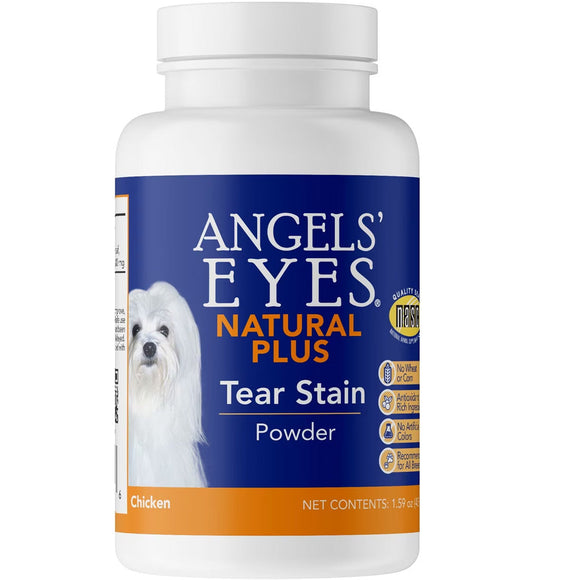 Angels' Eyes Natural Plus Tear Stain Powder bottle with a white background