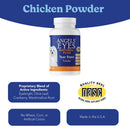 Angels' Eyes Natural Plus Chicken Powder bottle with product details on a blue and white background