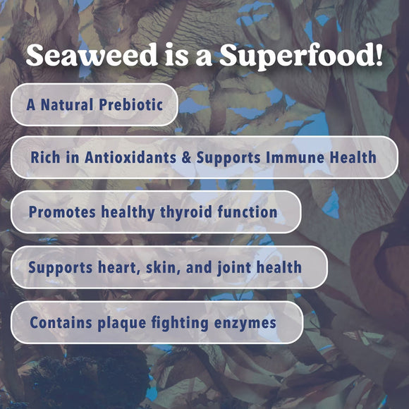 Seaweed with text highlighting its health benefits on a blurred natural background