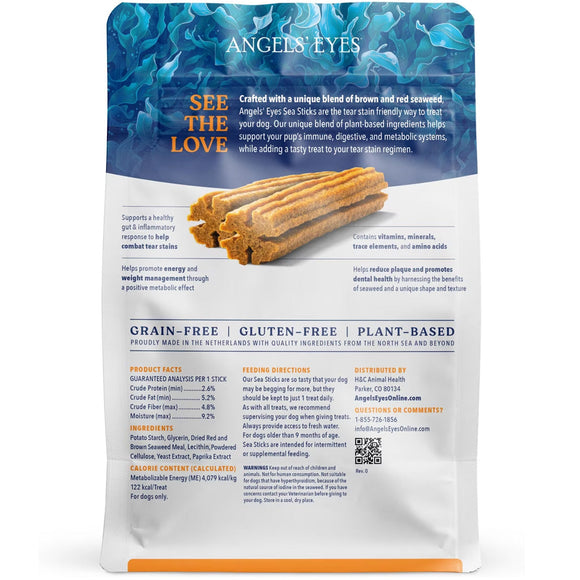 Package of Angels' Eyes Sea Sticks for dogs with text and images on a white background