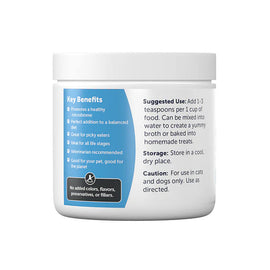 Container with label detailing key benefits, suggested use, and storage instructions on a white background