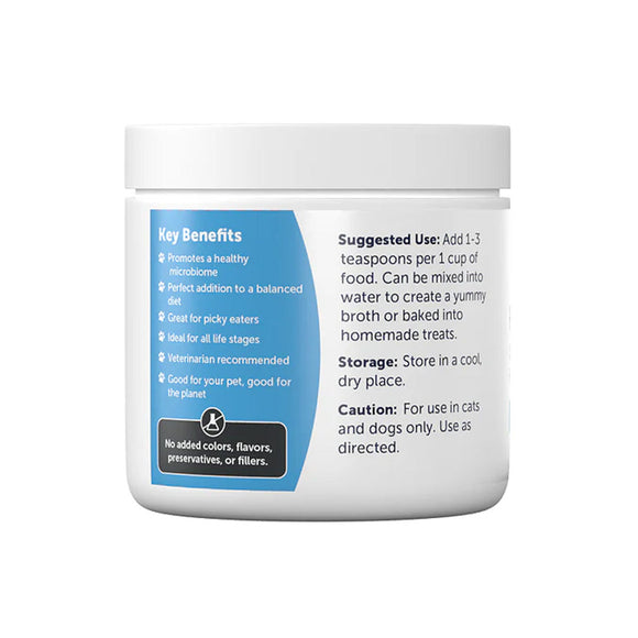 Container with label detailing key benefits, suggested use, and storage instructions on a white background