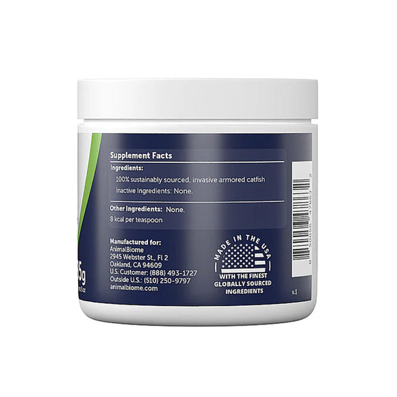Supplement container with label showing ingredient list and manufacturing details on a white background