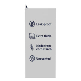 Product packaging with features listed on a white background