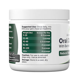 Pet supplement container with usage instructions on a white background