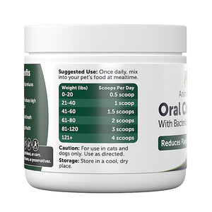 Pet supplement container with usage instructions on a white background