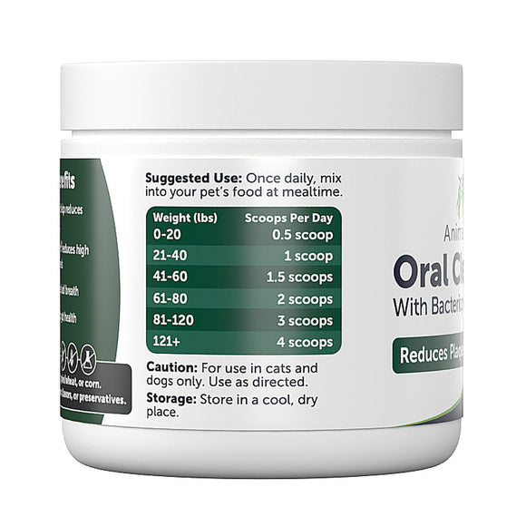 Pet supplement container with usage instructions on a white background