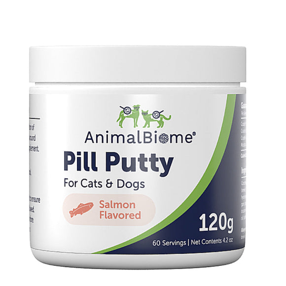Jar of AnimalBiome Pill Putty for cats and dogs on a white background