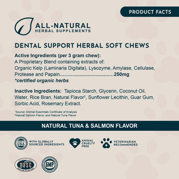 Animal Essentials Herbal Anti-Plaque Formula Dental Support Soft Chews for Dogs & Cats 60-count - Dog Supplements &