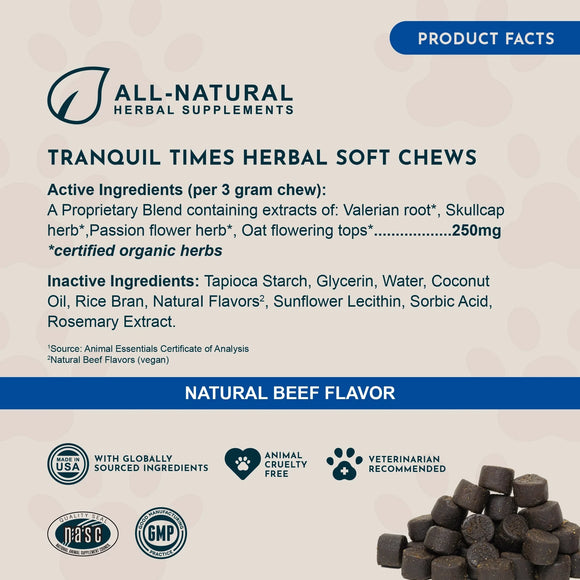 Animal Essentials Herbal Calming Formula Tranquil Times Soft Chews for Dogs & Cats Beef Flavor 60-count - Dog