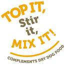Textual instruction for mixing dry dog food with a smiley face design on a white background