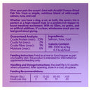 AryaSitt Freeze-Dried Fish Trio Treats packaging with text and nutritional information on a purple background.