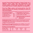 Product label for Aryasat! Freeze-Dried Strawberry Yogurt Treats with nutritional information and feeding guidelines.