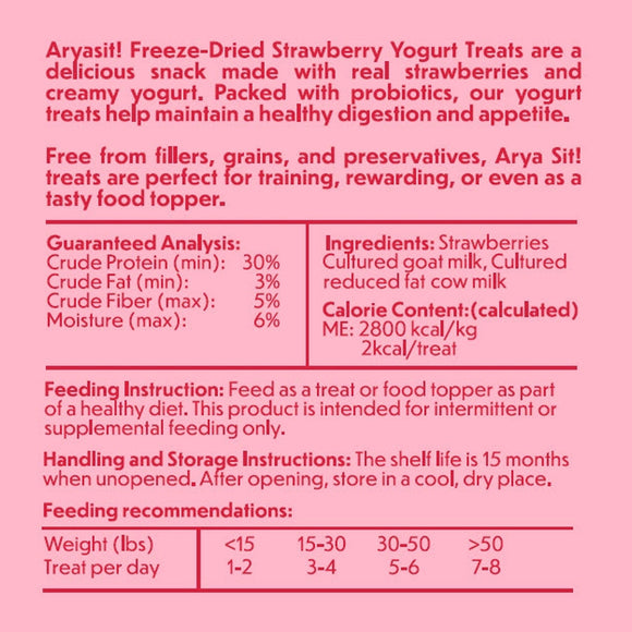 Product label for Aryasat! Freeze-Dried Strawberry Yogurt Treats with nutritional information and feeding guidelines.